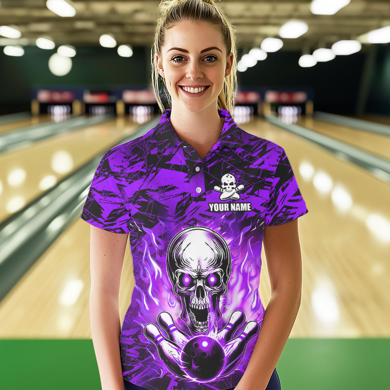 Personalized Purple Flame Skull Bowling Jersey Camo Quarter-Zip Bowling Team Shirt QZT670