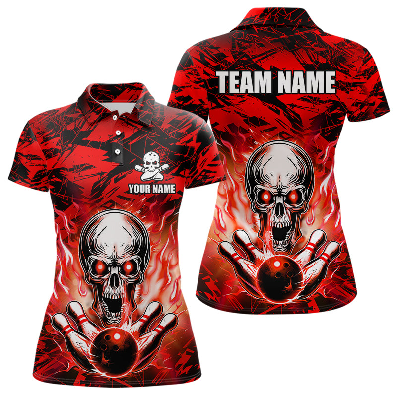 Personalized Red Flame Skull Bowling Jersey Camo Polo Bowling Team Shirt QZT670