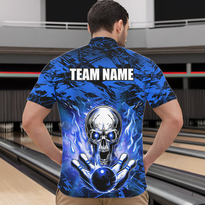 Personalized Blue Flame Skull Bowling Jersey Camo Quarter-Zip Bowling Team Shirt QZT670