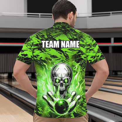 Personalized Green Flame Skull Bowling Jersey Camo Quarter-Zip Bowling Team Shirt QZT670