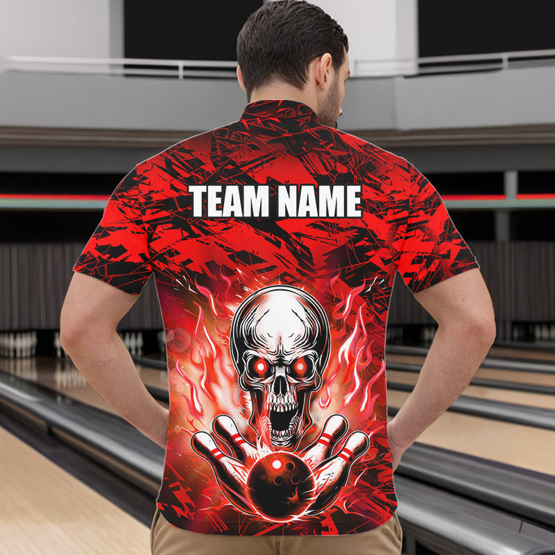 Personalized Red Flame Skull Bowling Jersey Camo Quarter-Zip Bowling Team Shirt QZT670