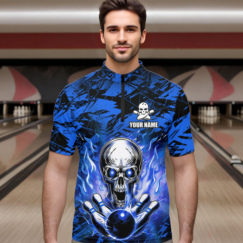 Personalized Blue Flame Skull Bowling Jersey Camo Quarter-Zip Bowling Team Shirt QZT670