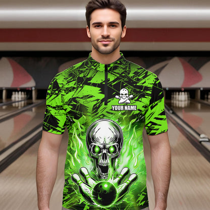 Personalized Green Flame Skull Bowling Jersey Camo Quarter-Zip Bowling Team Shirt QZT670