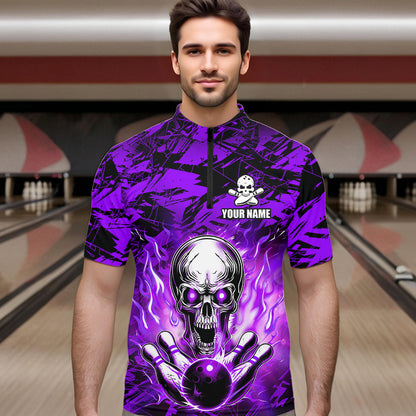 Personalized Purple Flame Skull Bowling Jersey Camo Quarter-Zip Bowling Team Shirt QZT670