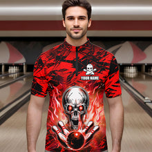 Load image into Gallery viewer, Personalized Red Flame Skull Bowling Jersey Camo Quarter-Zip Bowling Team Shirt QZT670