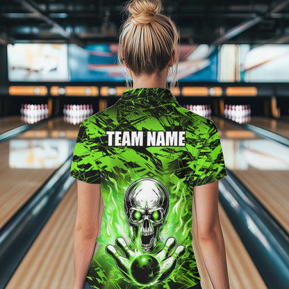 Personalized Green Flame Skull Bowling Jersey Camo Quarter-Zip Bowling Team Shirt QZT670