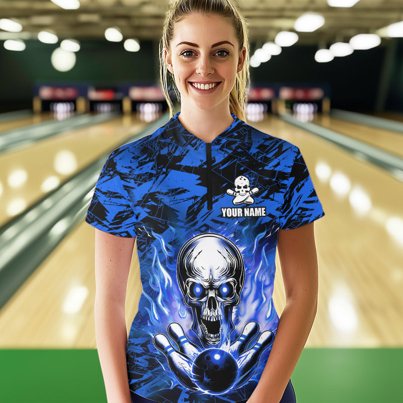 Personalized Blue Flame Skull Bowling Jersey Camo Quarter-Zip Bowling Team Shirt QZT670