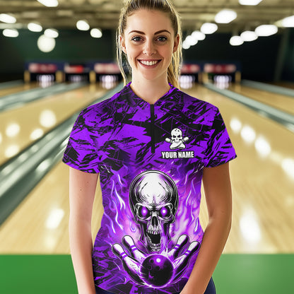Personalized Purple Flame Skull Bowling Jersey Camo Quarter-Zip Bowling Team Shirt QZT670