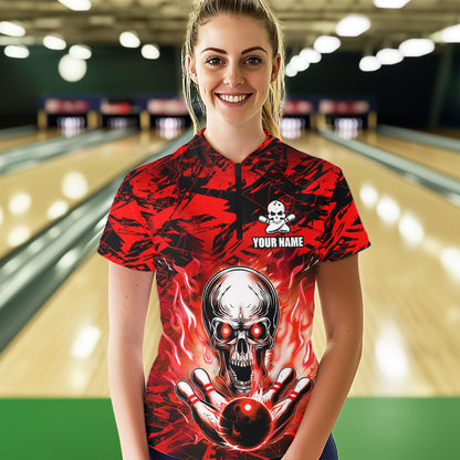 Personalized Red Flame Skull Bowling Jersey Camo Quarter-Zip Bowling Team Shirt QZT670
