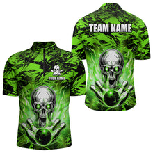 Load image into Gallery viewer, Personalized Green Flame Skull Bowling Jersey Camo Quarter-Zip Bowling Team Shirt QZT670