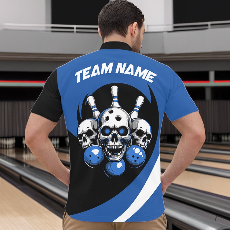 Custom Blue Skull Bowling Shirt Quarter-Zip Bowling Jersey for Men Women Bowling Outfit QZT671