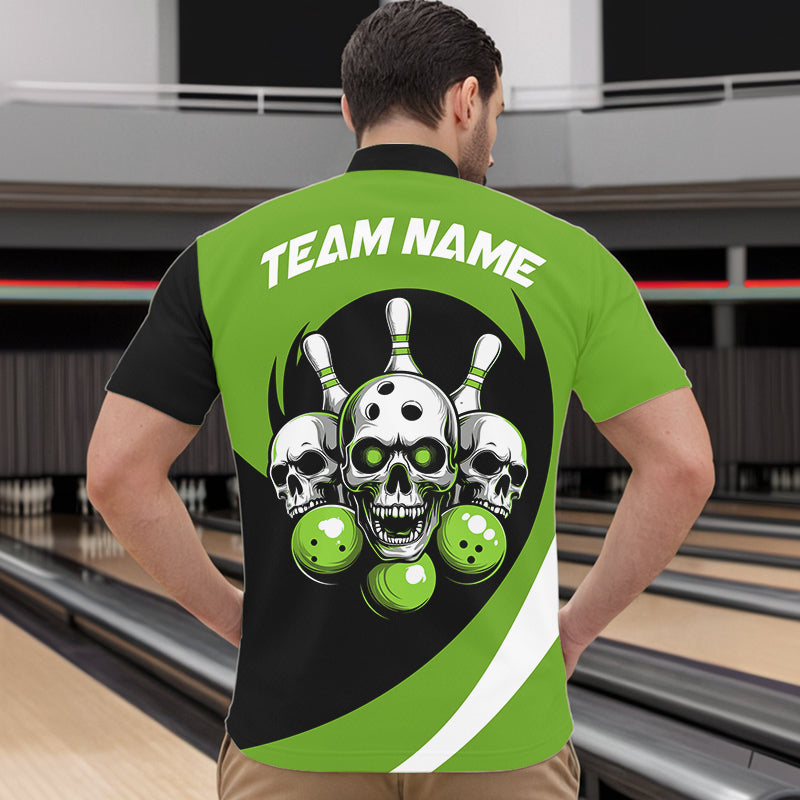 Custom Green Skull Bowling Shirt Quarter-Zip Bowling Jersey for Men Women Bowling Outfit QZT671