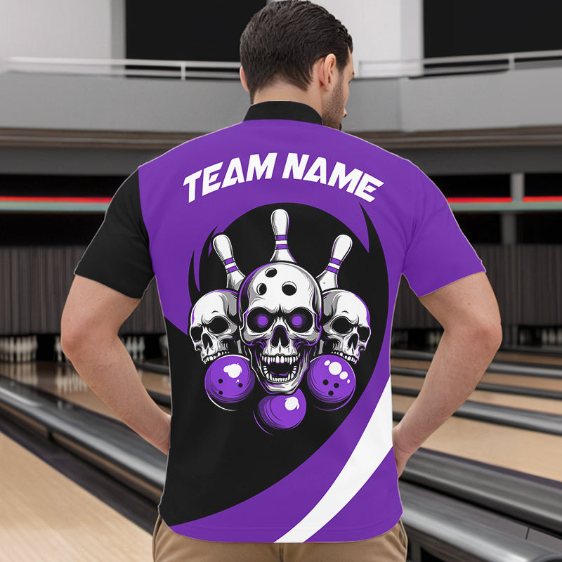 Custom Purple Skull Bowling Shirt Quarter-Zip Bowling Jersey for Men Women Bowling Outfit QZT671