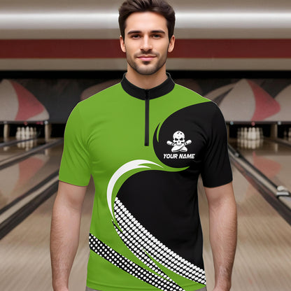 Custom Green Skull Bowling Shirt Quarter-Zip Bowling Jersey for Men Women Bowling Outfit QZT671