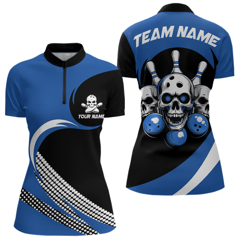 Custom Blue Skull Bowling Shirt Quarter-Zip Bowling Jersey for Men Women Bowling Outfit QZT671