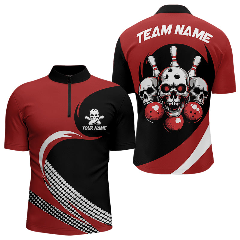 Custom Red Skull Bowling Shirt Quarter-Zip Bowling Jersey for Men Women Bowling Outfit QZT671