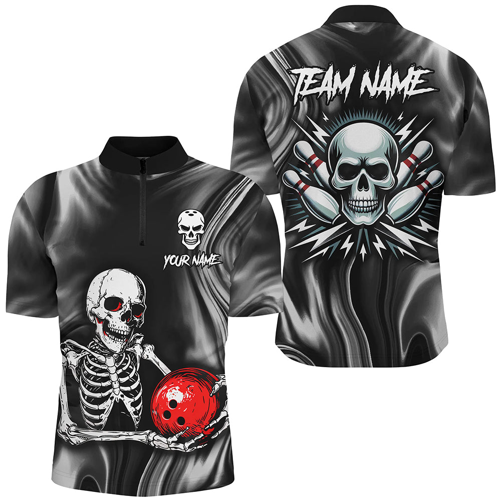 A black quatter-zip shirt with a bowling-themed graphic that includes the text 'YOURNAME' and 'TEAM NAME' and a skull holding bowling ball, front and back view mockup, designed for men.