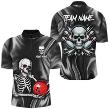 Load image into Gallery viewer, A black quatter-zip shirt with a bowling-themed graphic that includes the text 'YOURNAME' and 'TEAM NAME' and a skull holding bowling ball, front and back view mockup, designed for men.