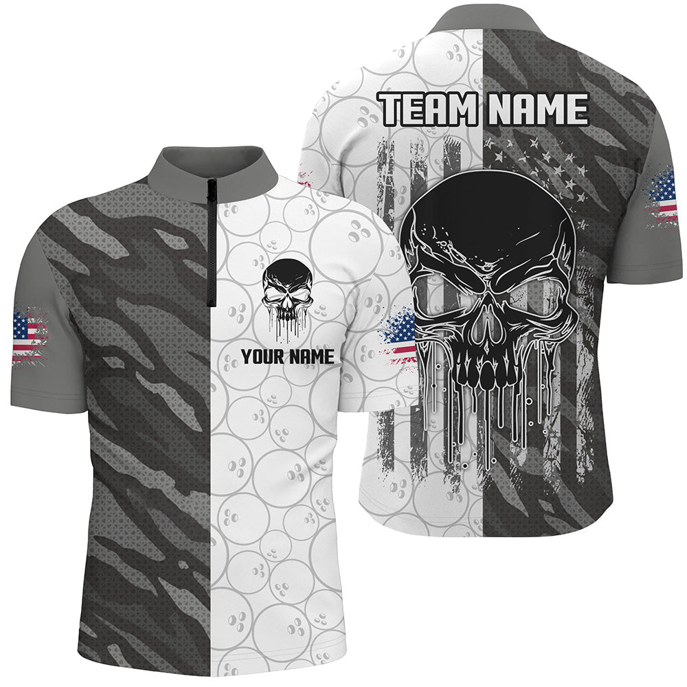 Personalized Men 3D Bowling Team Jersey Skull Bowling Quarter Zip  Shirts QZT467