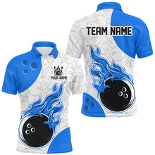 Load image into Gallery viewer, An blue and white bowling shirt with a personalized text and logo, featuring a flame graphic design.