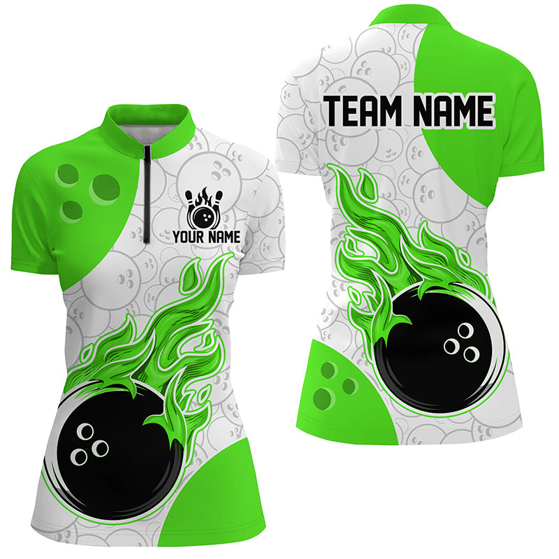 Green and white sports jersey with flame design and customizable text on a white background