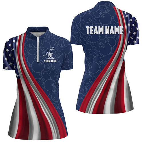 Personalized USA Bowling Shirts for Women 1/4 Zip Patriotic Bowling Jersey QZT442