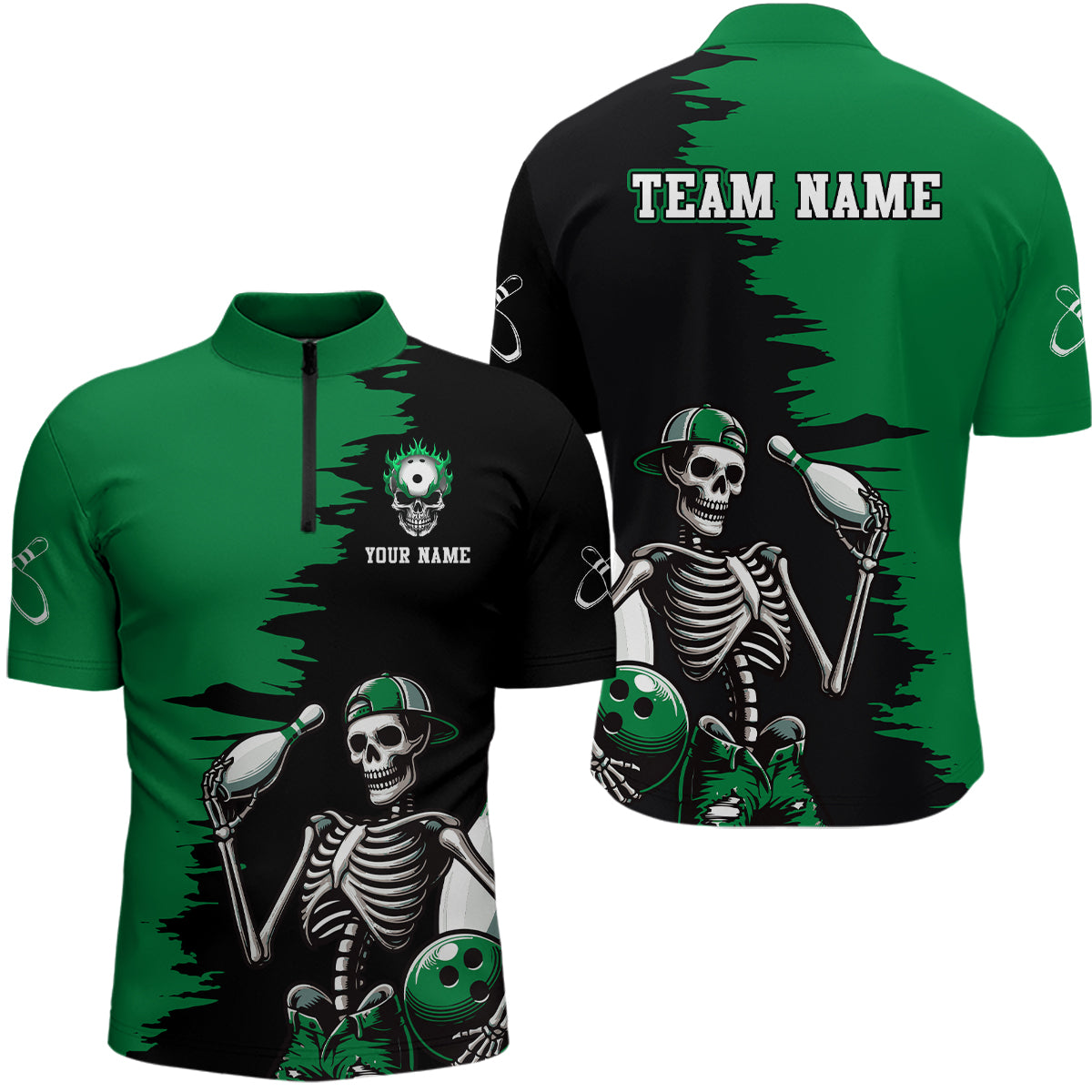 Personalized Skeleton Bowling Shirt for Men Skull Bowling Jersey Quarter Zip Bowling Shirt QZT407
