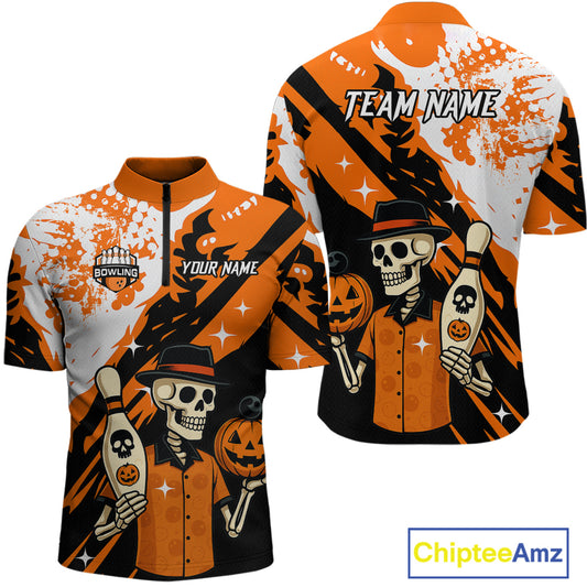 Orange Funny Skull Bowling Shirt for Men Personalized Polo & 1/4-Zip Bowling Jersey Halloween QZT768