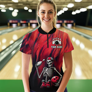 Black & Red Bowling Team Shirt Custom Skull Quarter-Zip Bowling Jersey for Men Women QZT605