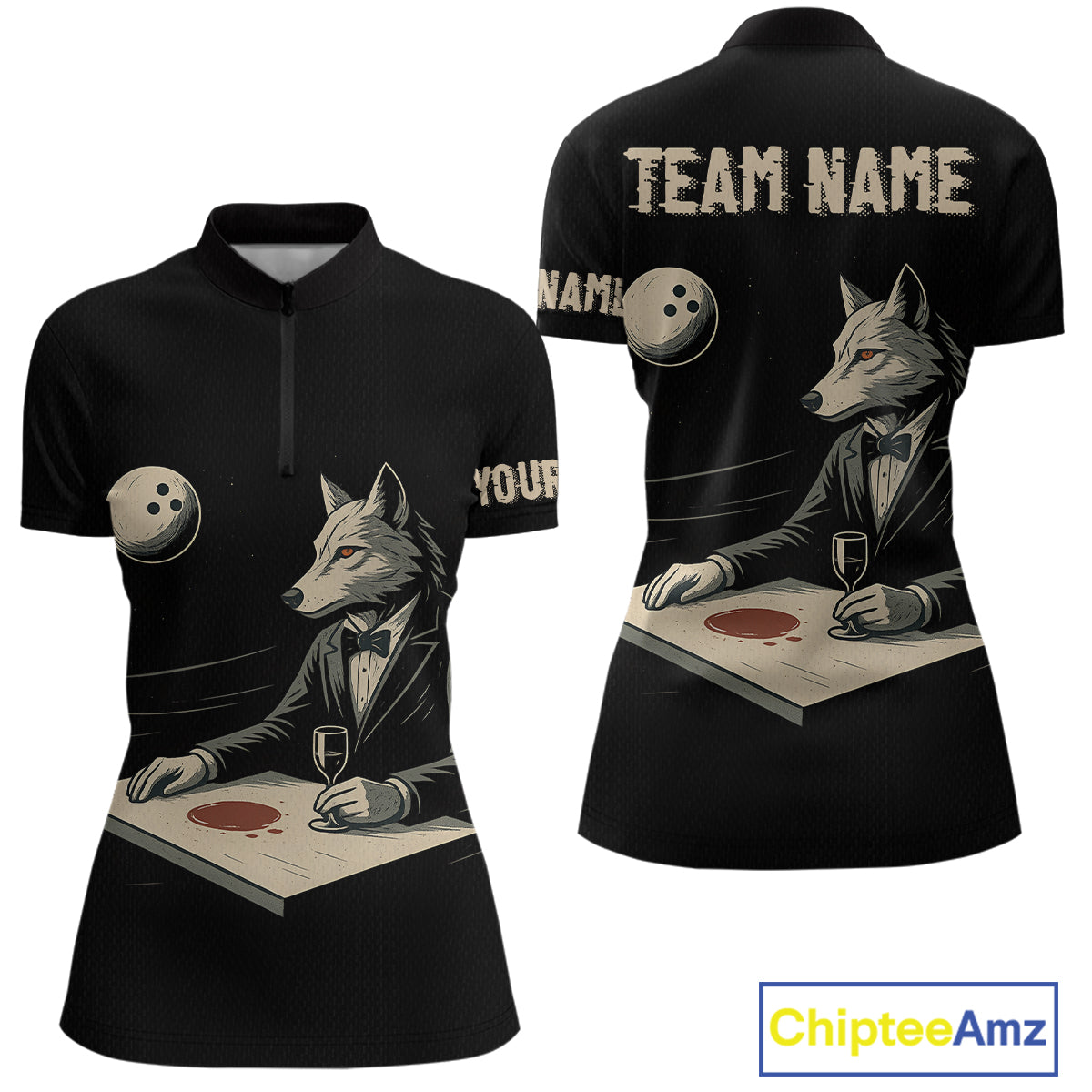 Personalized Black Wolf Bowling Jersey for Women Bowling Team Shirt Polo & 1/4-Zip Bowling Unisex QZT702