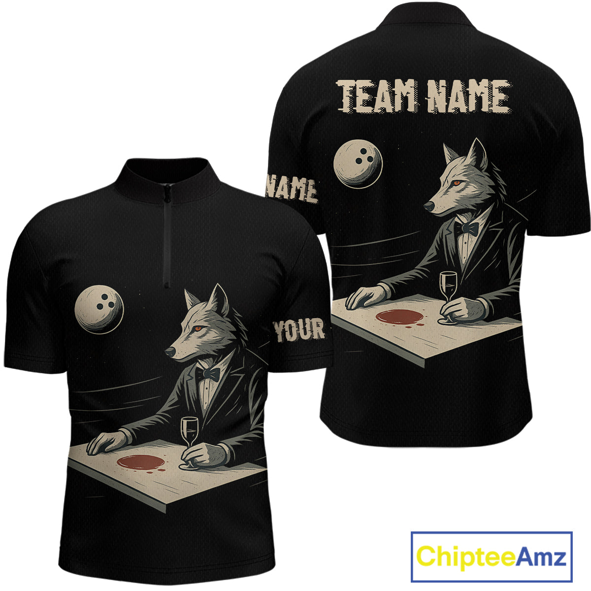 Personalized Black Wolf Bowling Jersey for Men Bowling Team Shirt Polo & 1/4-Zip Bowling Unisex QZT702
