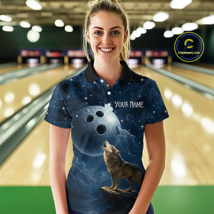 Custom Blue Bowling Shirt Wolf Bowling Team Jersey for Women Polo & 1/4 Zip Bowling Outfit QZT703