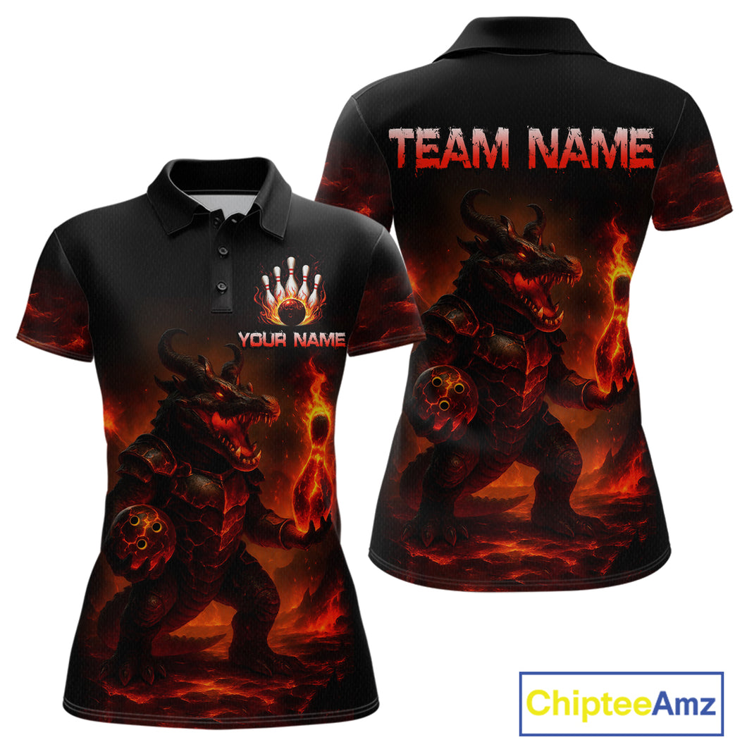 Personalized Red Flame Crocodile Bowling Team Shirt for Women Polo & Quarter-Zip Bowling Outfit QZT742