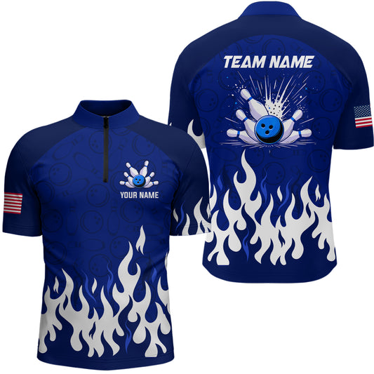 Navy Bowling Shirt Unisex Flame Bowling Jersey Men Quarter Zip Bowling Shirt QZT272
