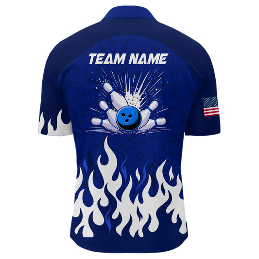 Navy Bowling Shirt Unisex Flame Bowling Jersey Men Quarter Zip Bowling Shirt QZT272