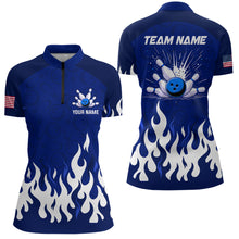 Load image into Gallery viewer, Navy Bowling Shirt Unisex Flame Bowling Jersey Women Quarter Zip Bowling Shirt QZT272
