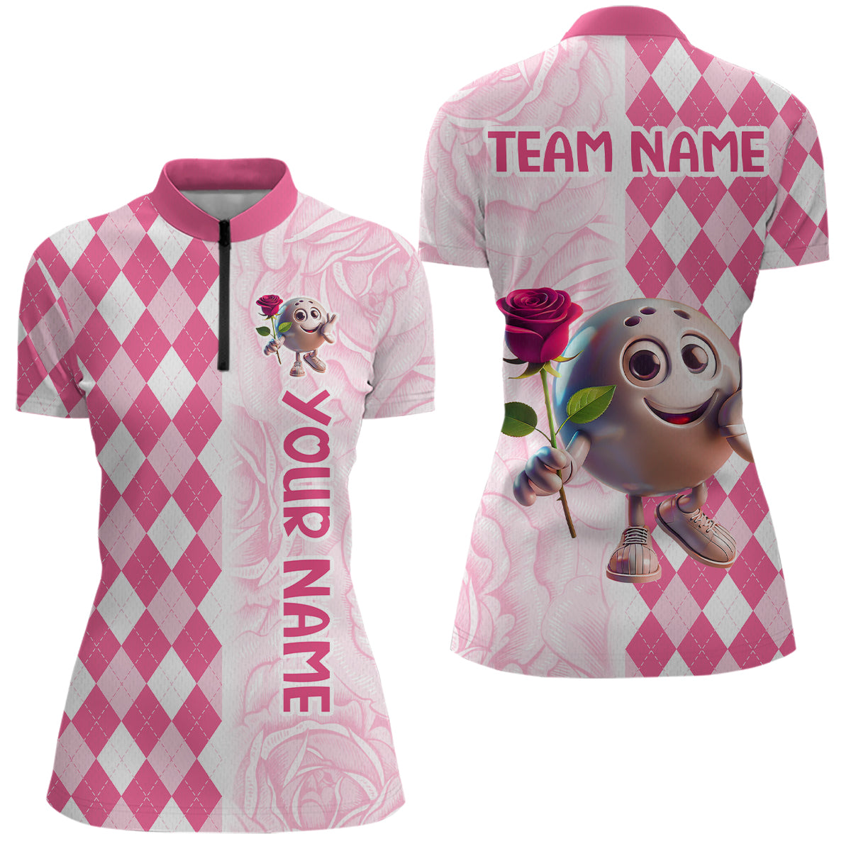 Personalized Rose Bowling Team Jersey Quarter-Zip Bowling Shirt for Couples QZT611