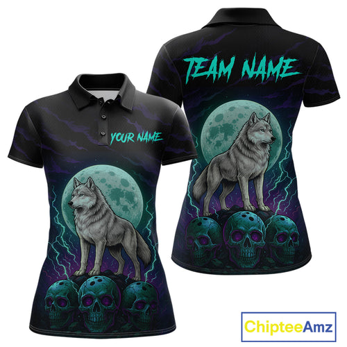Teal And Purple Wolf & Skull Bowling Team Shirt for Women Custom Bowling League Jersey Bowling Unisex QZT750