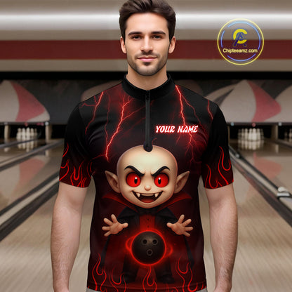 Custom Red Funny Vampire Thunder Bowling Shirt Polo & 1/4-Zip Bowling League Jersey for Men Outfit QZT753