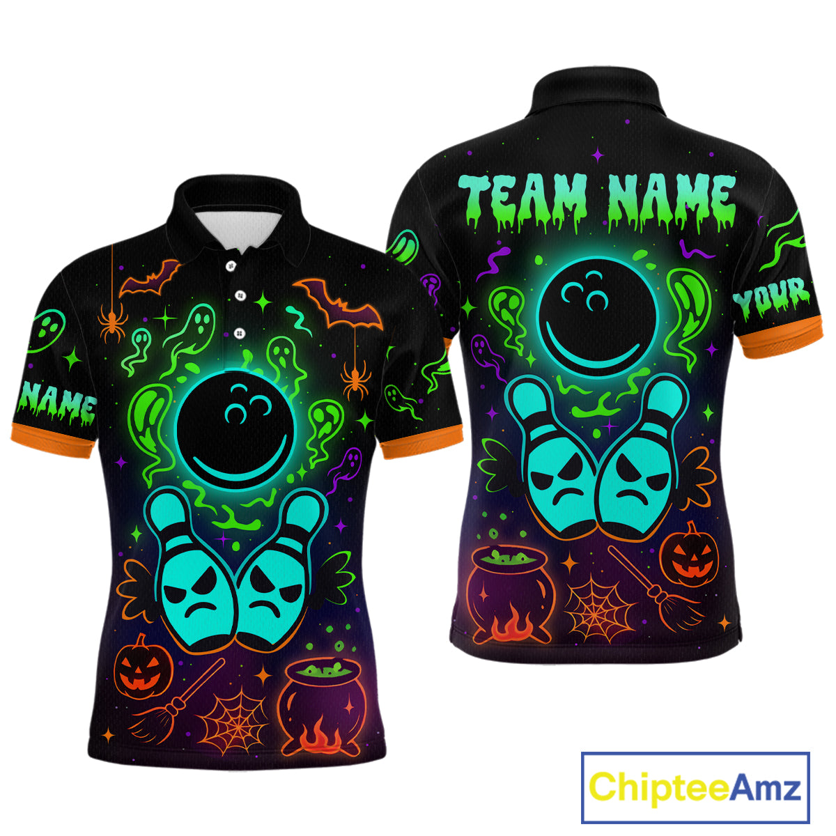 Custom Neon Bowling Team Shirt Halloween Polo & Quarter-Zip Bowling Jersey for Men QZT731