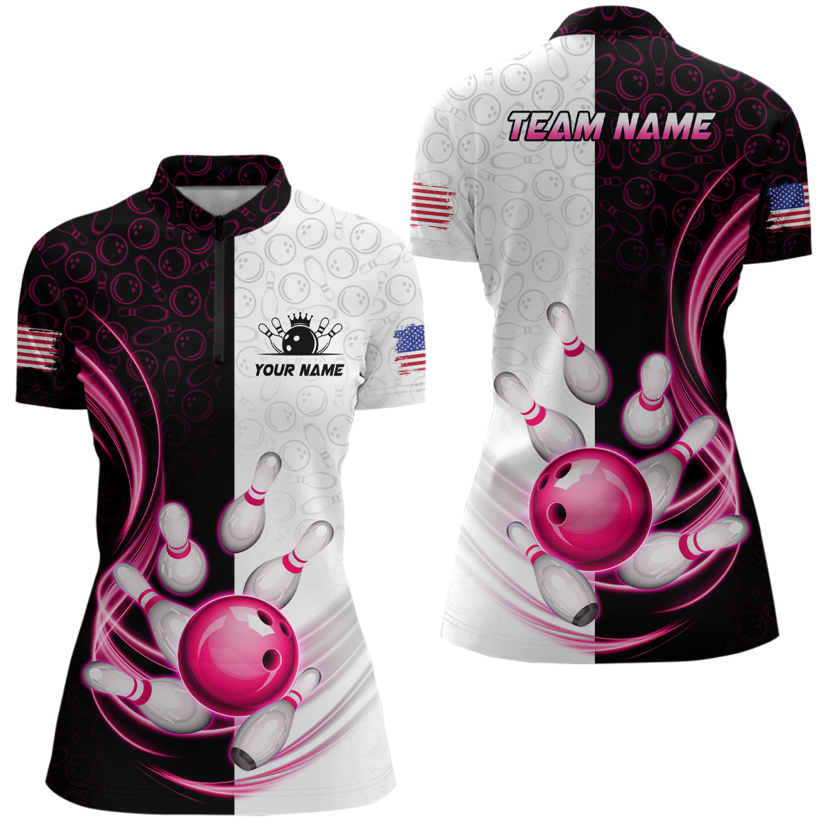 Custom Bowling Shirts for Women Camo Bowling Jersey 1/4 Zip Bowling Team League QZT449
