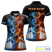 Load image into Gallery viewer, A custom-designed bowling shirt featuring a DNA strand graphic with flame and water elements, and bowling pins arranged in the lower part of the shirt.