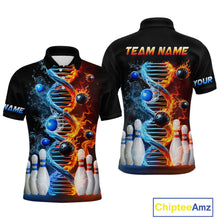 Load image into Gallery viewer, A custom-designed bowling shirt featuring a DNA strand graphic with flame and water elements, and bowling pins arranged in the lower part of the shirt.
