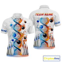 Load image into Gallery viewer, A white bowling shirt with a custom flame and water DNA design, featuring pins and balls, with options for personalization such as adding a team name.