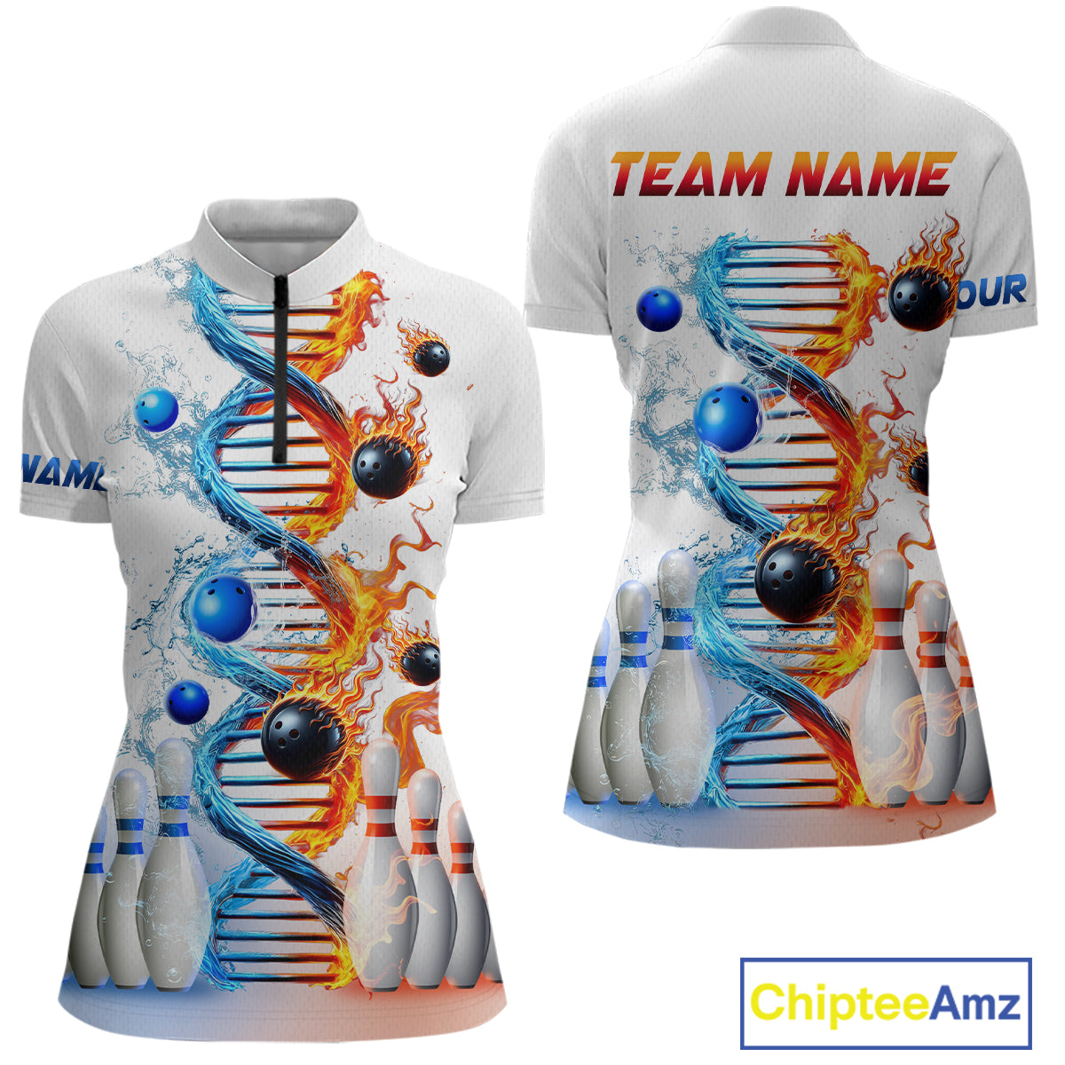 A custom-designed white quarter-zip bowling jersey featuring multicolored geometric patterns and bowling-themed graphics, with placeholder text for a 'TEAM NAME' on the back.