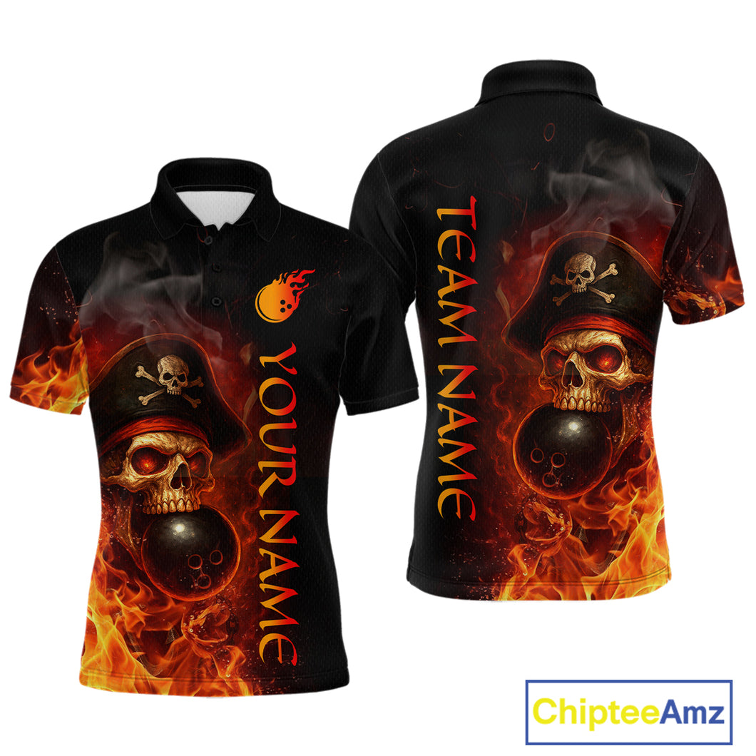 Orange Flame Pirate Skull Bowling Team Shirt for Men Bowling League Jersey Polo Bowling Outfit QZT763