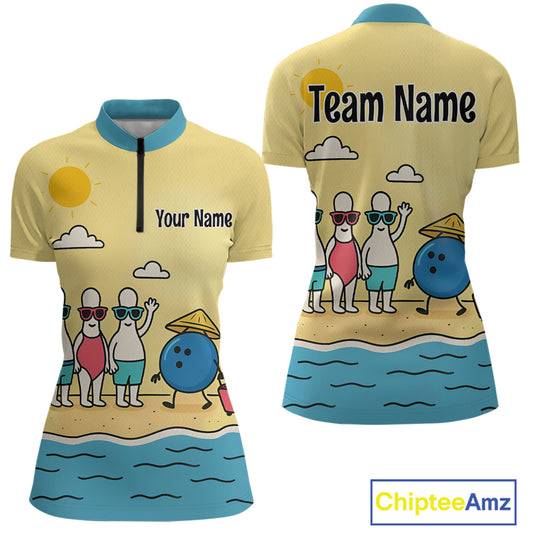 Summer Bowling Shirt Custom Quarter-Zip Bowling Jersey Funny Bowling Pins and Ball QZT695