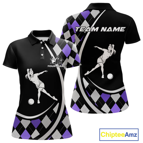 Purple Argyle Pattern Bowling Jersey for Women Custom Polo & 1/4-Zip Bowling Team Shirt Bowling Gift QZT725