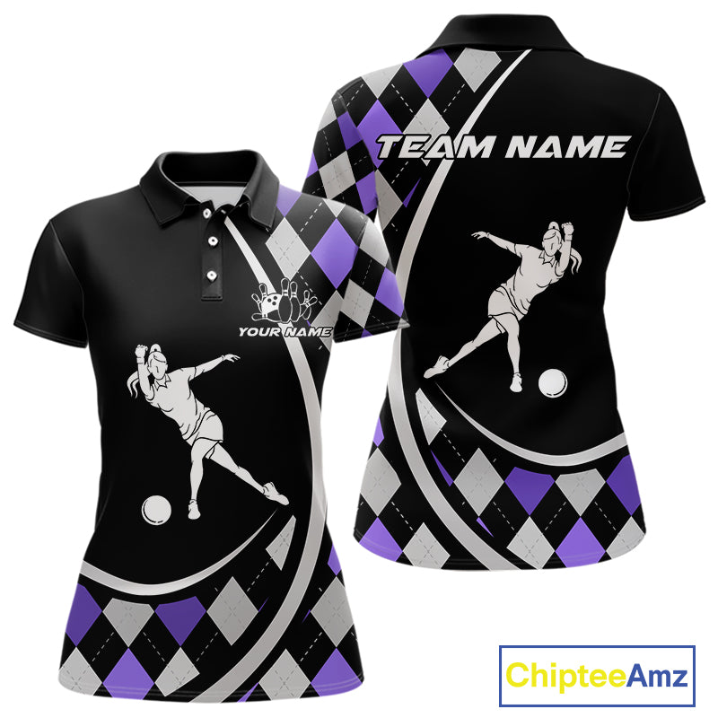 Purple Argyle Pattern Bowling Jersey for Women Custom Polo & 1/4-Zip Bowling Team Shirt Bowling Gift QZT725