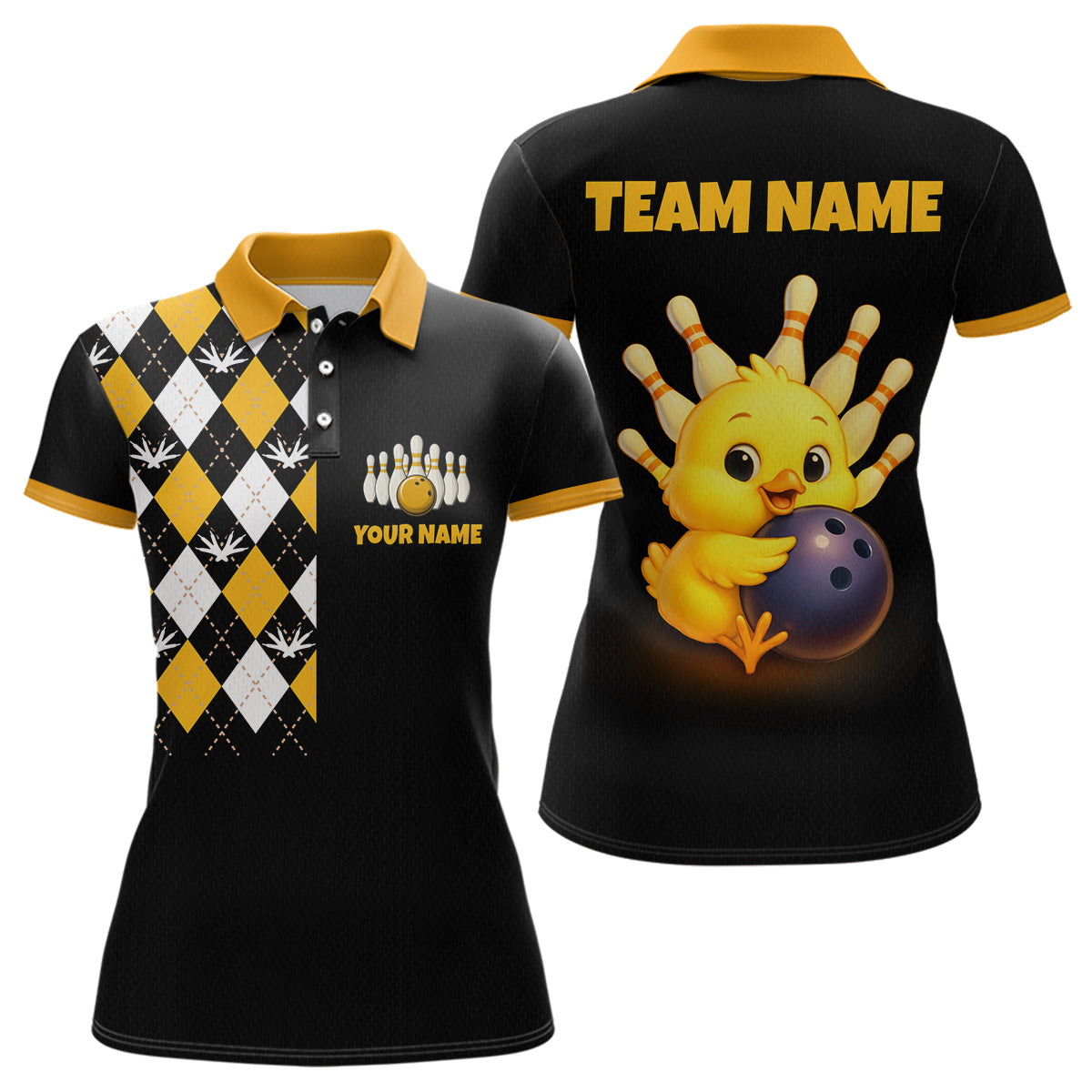 Black polo shirt with yellow accents featuring a cartoon chicken holding a bowling ball on the back, and a patterned collar on the front.